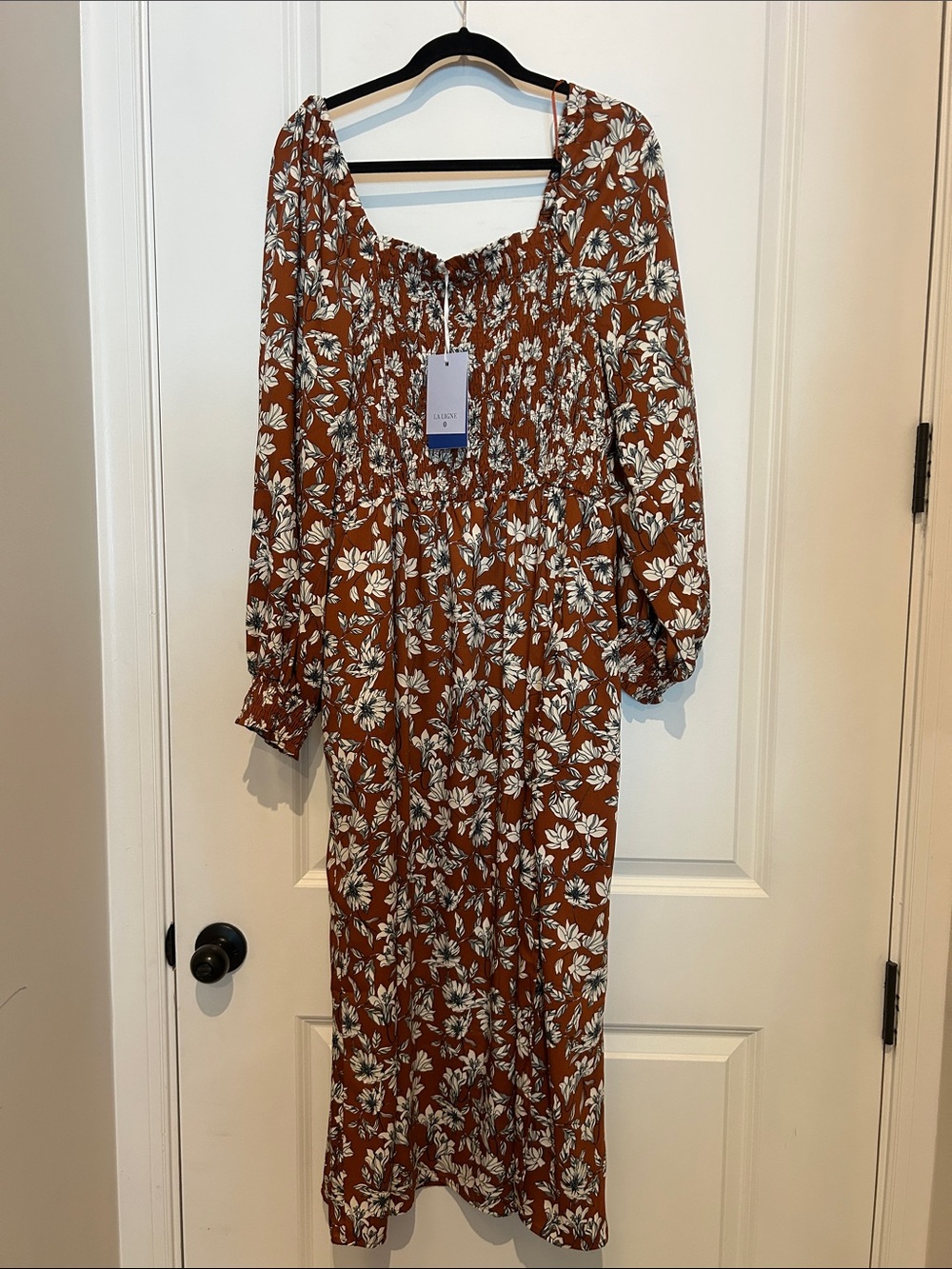 La Ligne Rust Floral Smocked Midi Dress with White Blooms